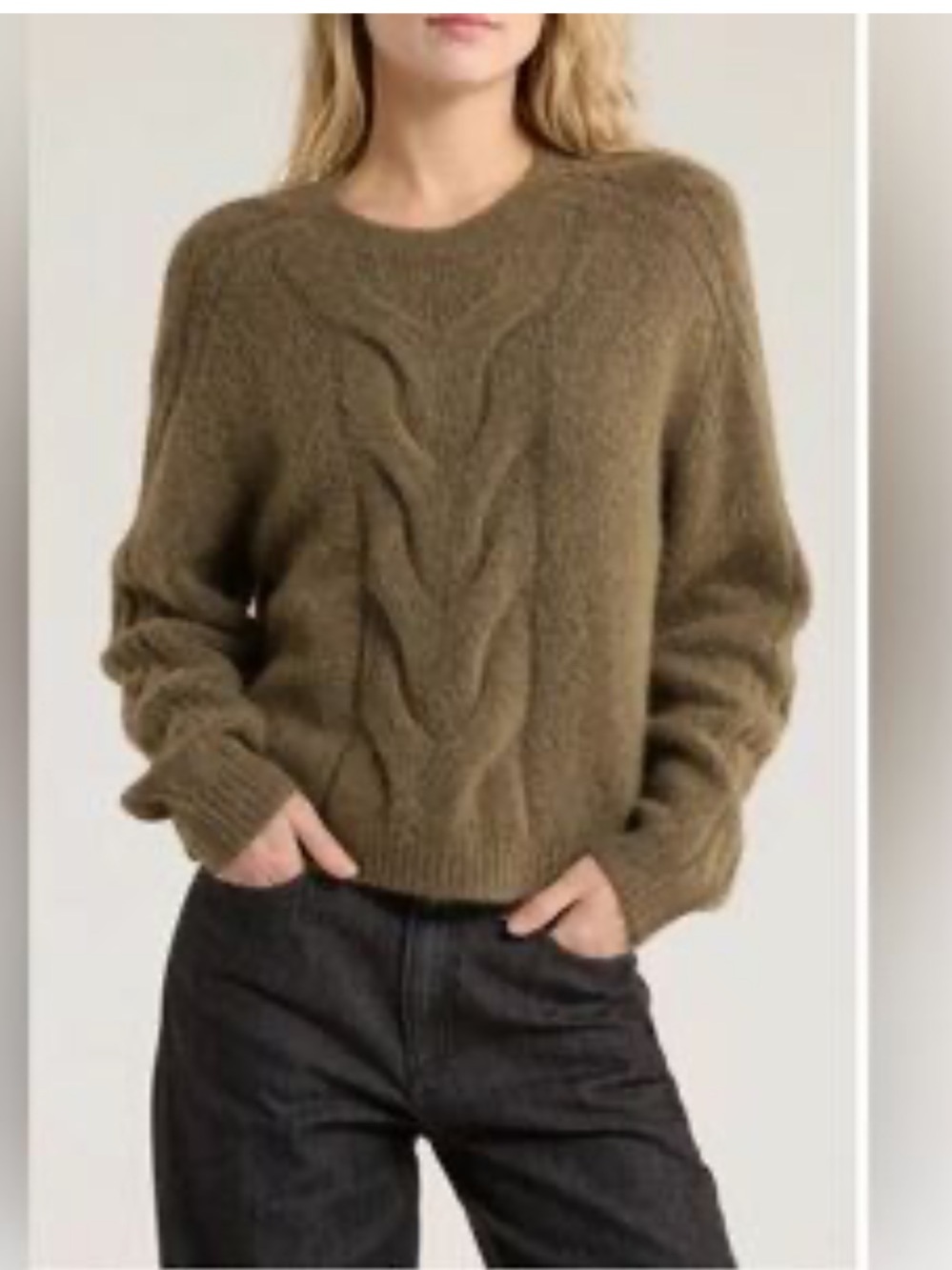 Rag & Bone Cable-Knit V-Neck Sweater in Olive Gray